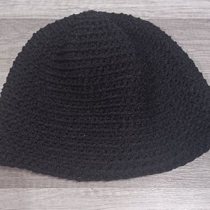 Handmade Adult Black Crochet Yarn Beanie, 10" x 8" unstretched - new
